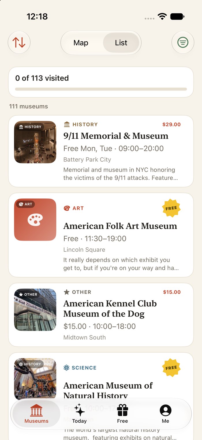 The map screen, showing museum pins across Manhattan