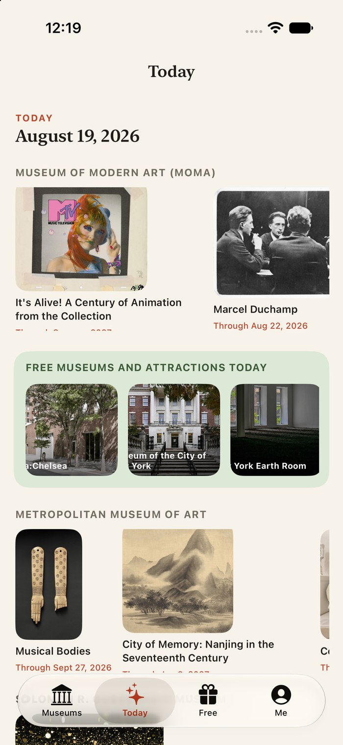 The exhibitions feed, showing current shows by museum
