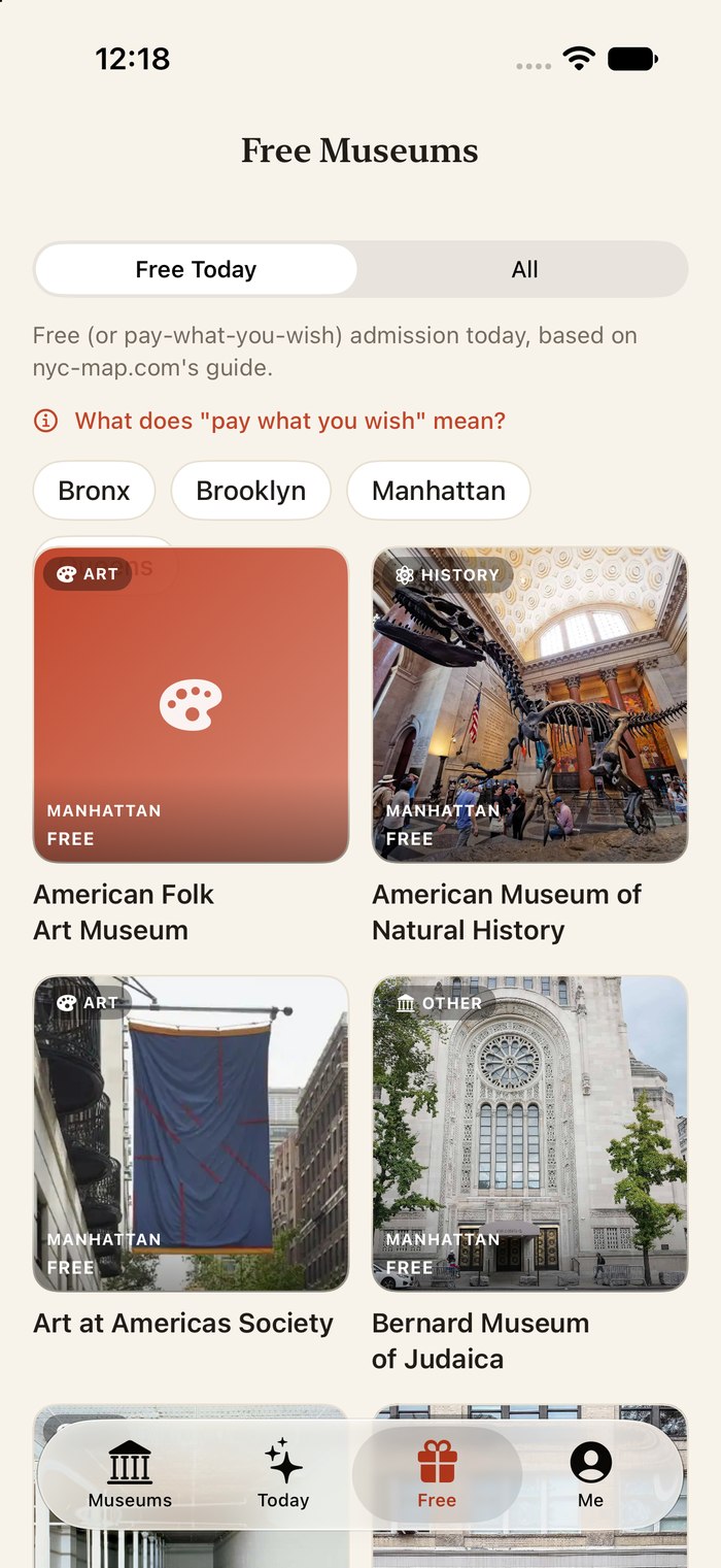 The Free Museums screen, listing free and pay-what-you-wish admissions