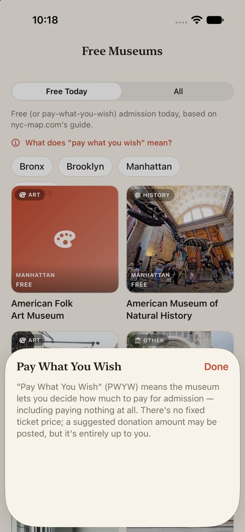 Borough filters on the Free Museums screen
