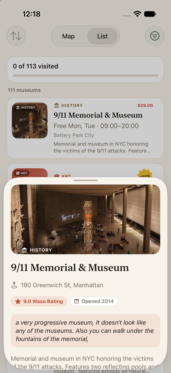 A museum card with hours, price, free days and the Waso Rating