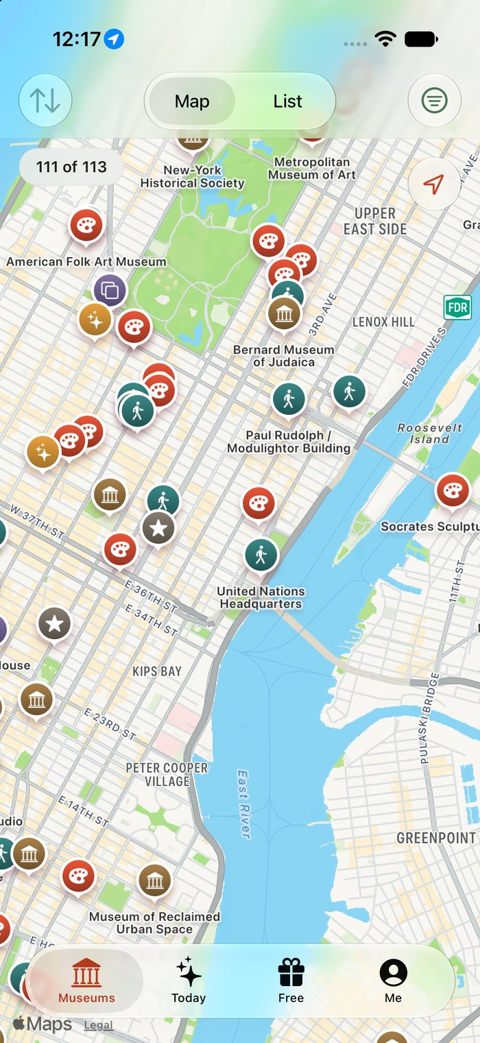 The list view, showing museums with prices and opening hours