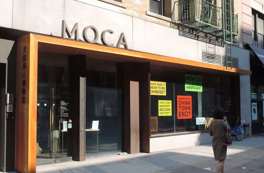 The Museum of Chinese in America on Centre Street, its windows carrying questions such as “What does it mean to be Chinese?”