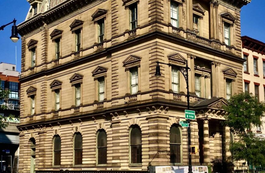The former Kings County Savings Bank in Williamsburg, a heavily ornamented stone corner building now housing the art centre