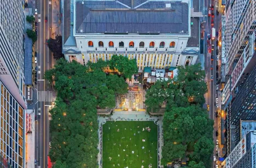 Aerial view of Bryant Park surrounded by skyscrapers in New York City.