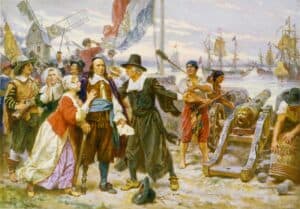 Vivid illustration of NYC harbor life with ships, sailors, and dock activities.