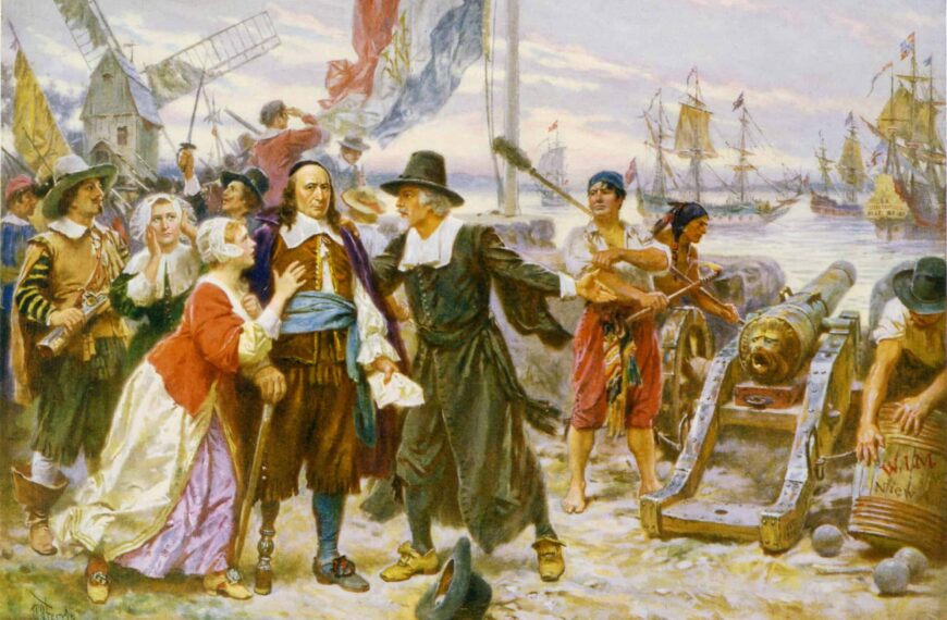 Vivid illustration of NYC harbor life with ships, sailors, and dock activities.