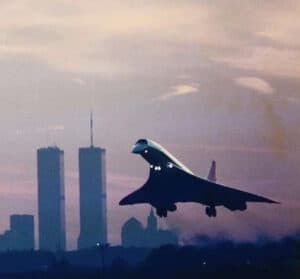 NYC skyline with a futuristic jet flying over the cityscape.
