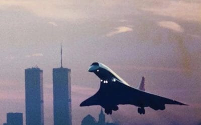 NYC skyline with a futuristic jet flying over the cityscape.