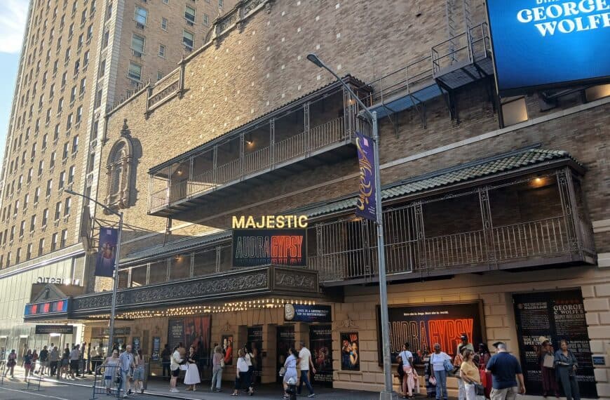 The Majestic Theatre on West 44th Street, its marquee advertising Gypsy, with a queue along the sidewalk