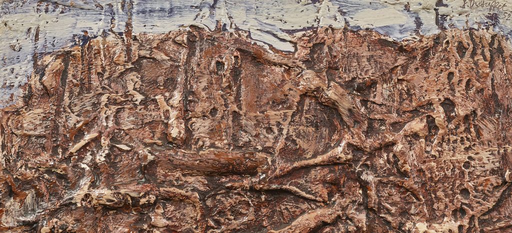 Thickly textured brown painting from Dubuffet's early period, built up in heavy impasto